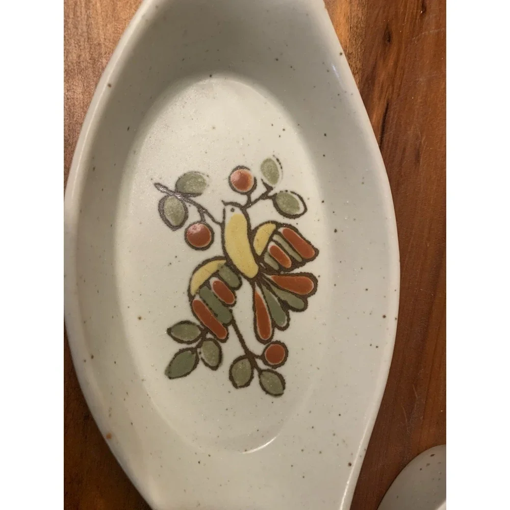 VTG Otagiri Japan Au Gratin Casserole Dish Speckled Stoneware Set 4 Bird Berries